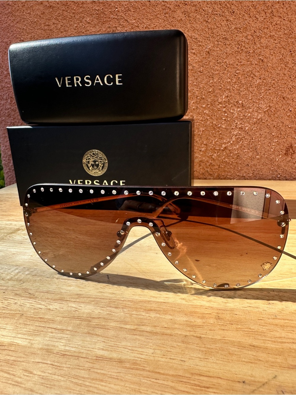 Versace Medusa Crystal Studded Shield Sunglasses Gold w/Brown Lens VE2230B